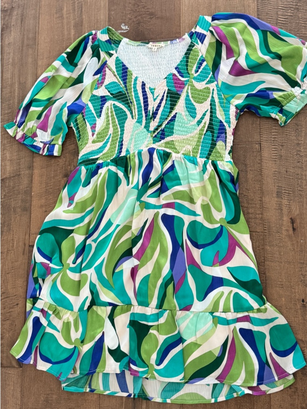 Girls Green Multi-Color Smocked Waist Dress